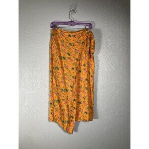 Anthropologie Skirt Midi Sz 8 Orange Floral Tropical Semi Wrap Coastal Beachy